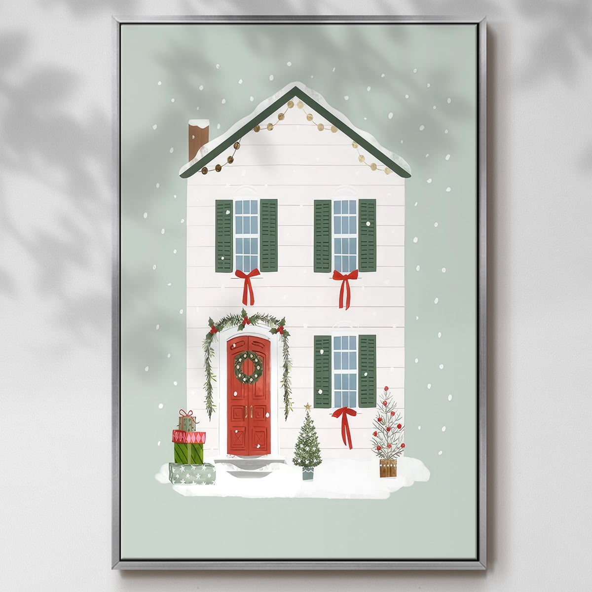 Festive Front Door III - Framed Gallery Wrapped Holiday Canvas - 25 x 37 - Silver Frame