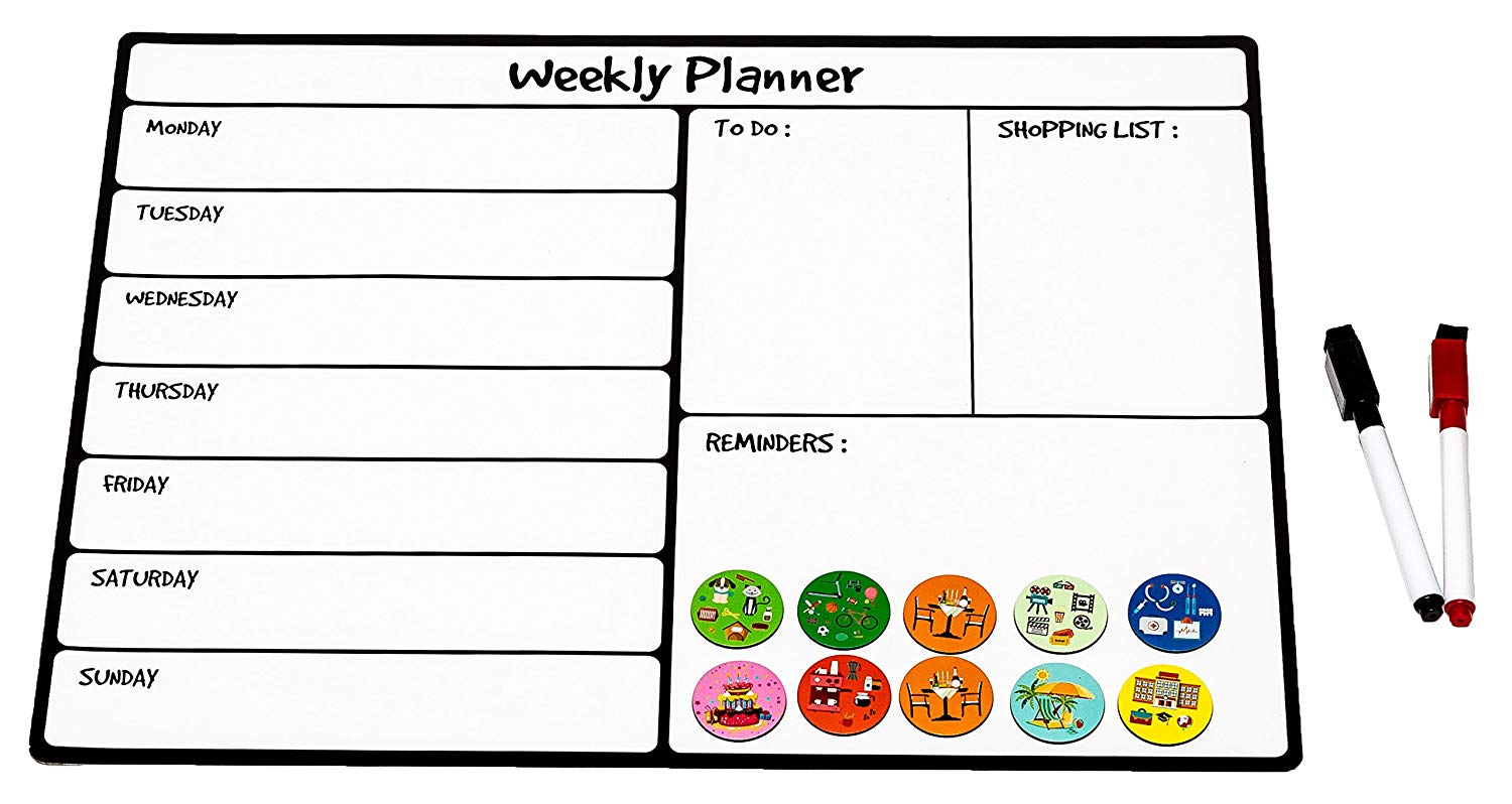 Magnetic Dry Erase Calendar Weekly Planner with 2 Magnetic Markers and 