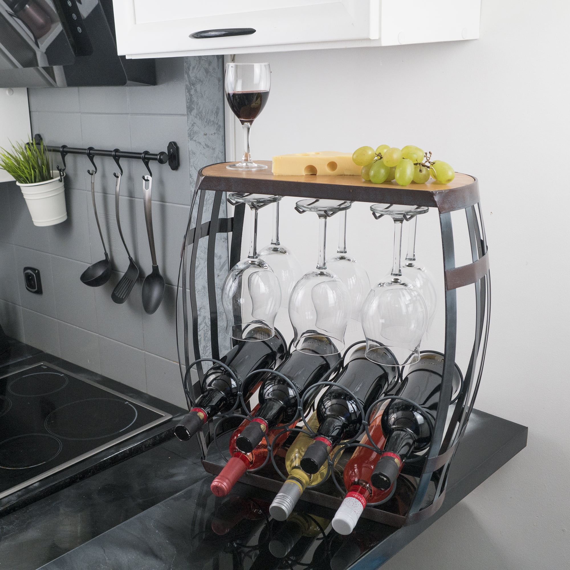 Made Easy Kit Wine Bottle and Glass Holder Rack, Metal and Wood