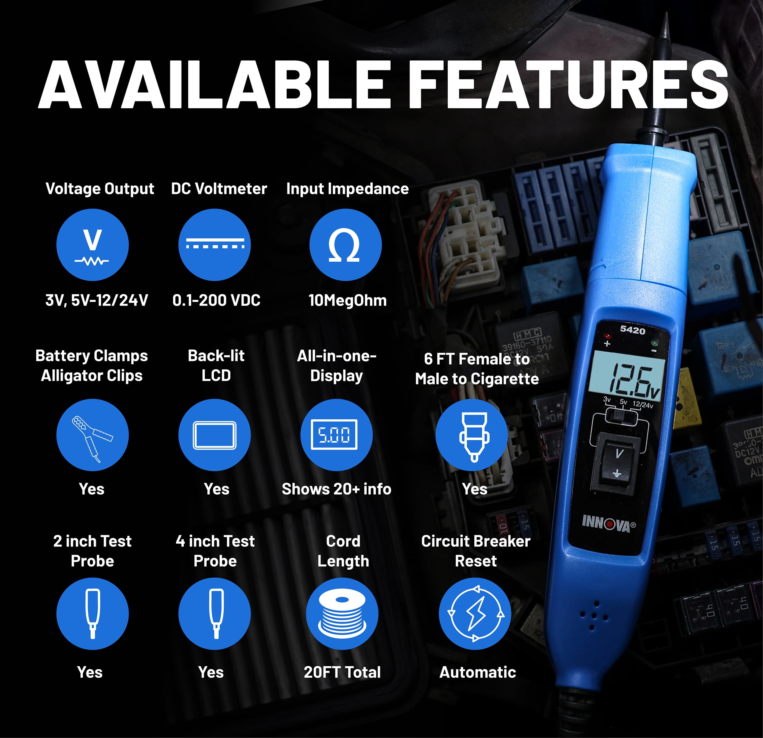 Innova 5420 Power Circuit Tester for Automotive | Fuse, Relay, Battery, and Circuit Diagnostics | Voltage Tester, Multimeter, Relay Tester, Short Circuit Finder, 12V/24V with LCD & Circuit Breaker