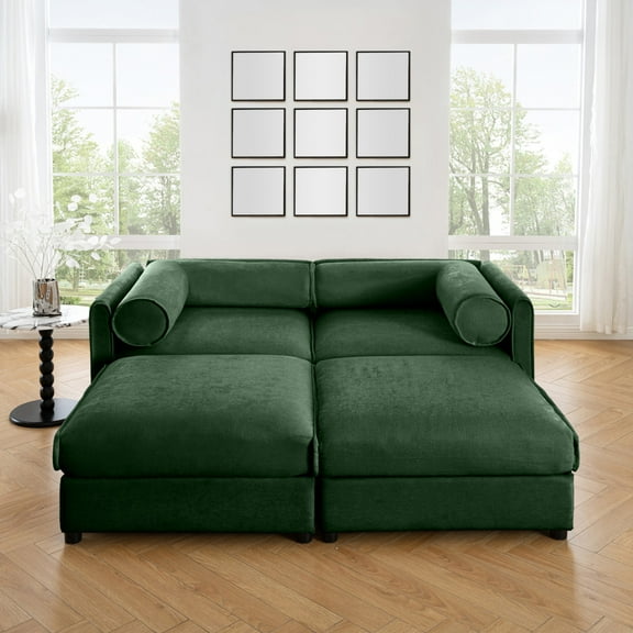 Green Chenille Two-Seater Sofa with Two Ottoman Storage Seats Cylindrical Backrest and Armrests Modern Fabric Loveseat Featuring Hidden Storage