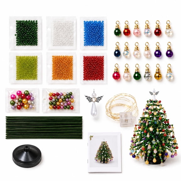 Beaded Christmas Tree Kit, DIY Crystal Bead Christmas Tree Making Kit with LED Light, 3D Handmade Holiday Craft Decoration