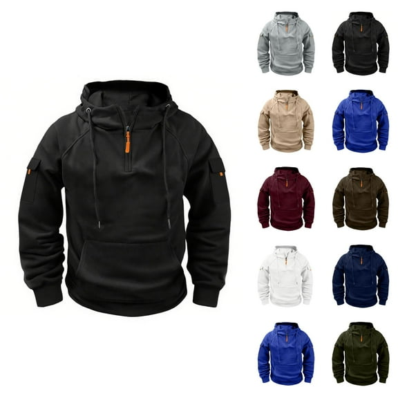Mens Hoodies Pullover 2025 Fall Winter Long Sleeve Quarter Zipper Plain Tactical Hoodie with Pockets Hooded Sweatshirt