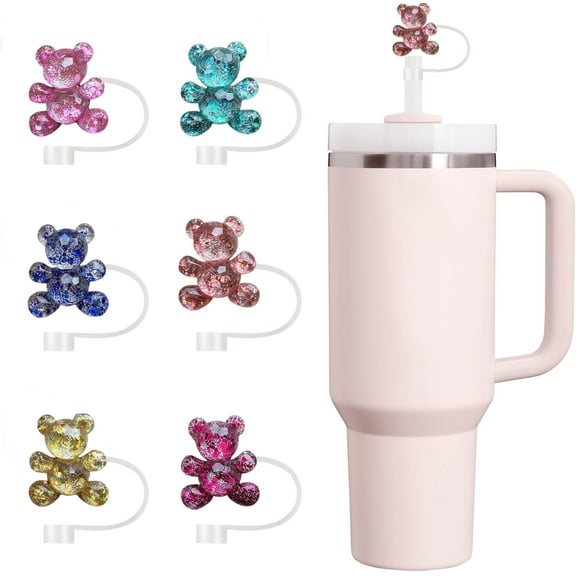 6Pcs Straw Covers Cap for Stanley Cup,Colorful BlingBling Bear Straw Topper for Women, 10mm Silicone Straw Cover Fits for Stanley Tumbler, Kids Themed Party Gifts Decoration