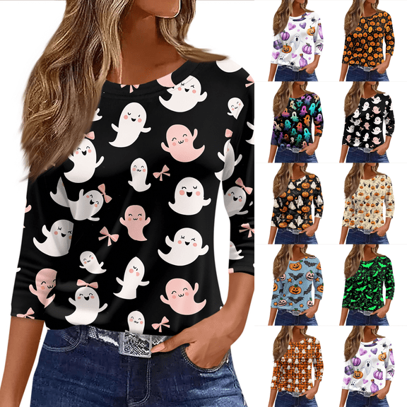 Halloween Shirts for Women 3/4 Sleeve Casual Tunic Tops Funny Bat,Ghost,Pumpkin Printed Costume Holiday Blouses Khaki 2XL