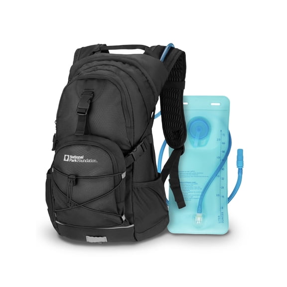 National Park Foundation Hydration Backpack with 2L Hydro Water Bladder Bag, Lightweight Hiking Backpack, Travel Backpack for Cycling, Running, and Climbing, 18L, Black