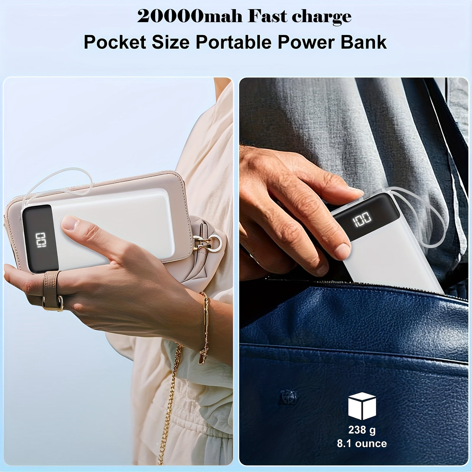 [Fast Charging | Portable] 20000mAh 20W Fast Charging Power Bank | Portable Charger with Built-in Cables | USB C Battery Pack for All Phones, Tablets