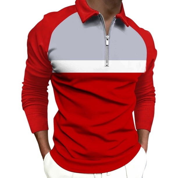 Gibobby Camisas polo Top de manga larga con cremallera raglán y solapa con estampado digital deportivo casual para hombre(Rojo,G)