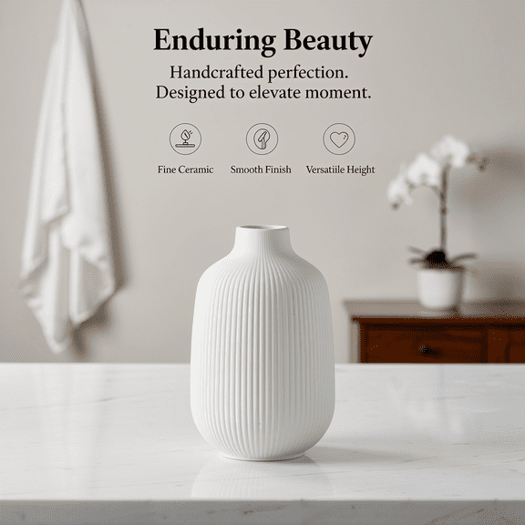 White Ceramic Vase, 6.5 in Striped Vase Modern European Style, Nordic Vases for Flowers Decoration, Elegant Round Shape, Home Living Room Decoration