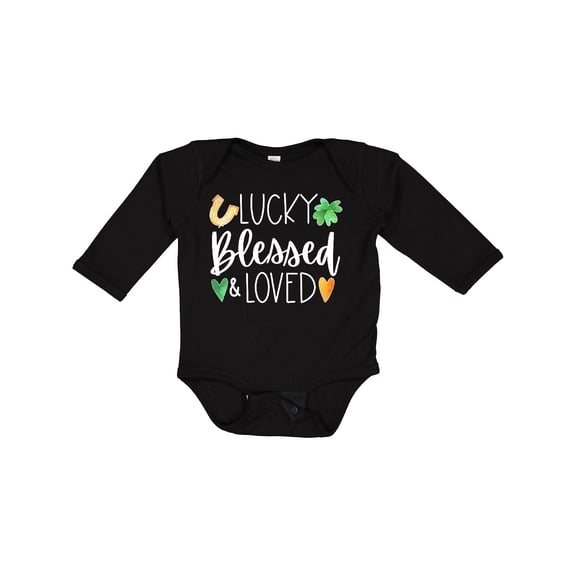 Inktastic Lucky Blessed and Loved Horseshoe Clover Hearts Boys or Girls Long Sleeve Baby Bodysuit