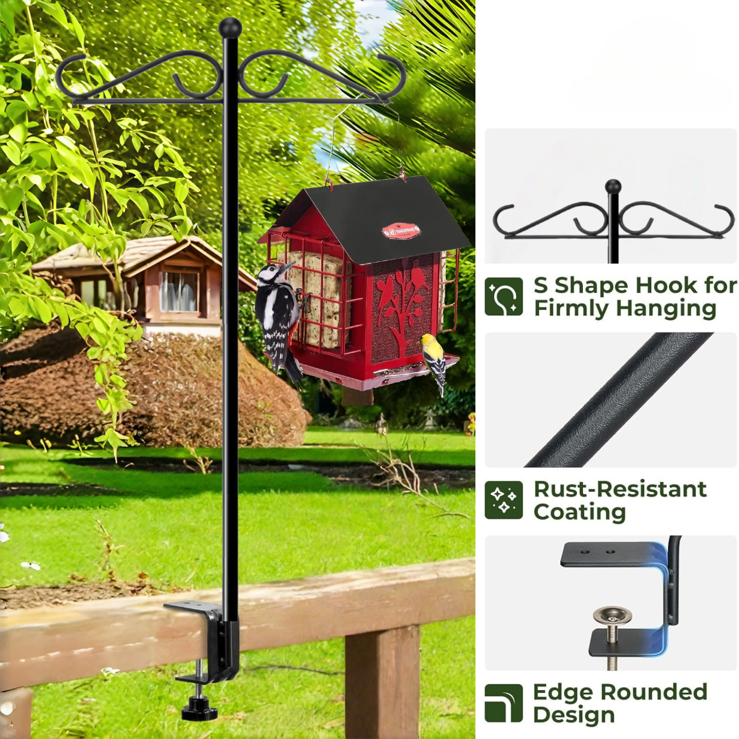 27.5" Shepherds Hooks for Outdoor, Heavy Duty Double Hook Bird Feeder Pole with Railing Mount, Rust-Resistant Garden Hanging Stand for Bird Feeders, Lanterns & Plants