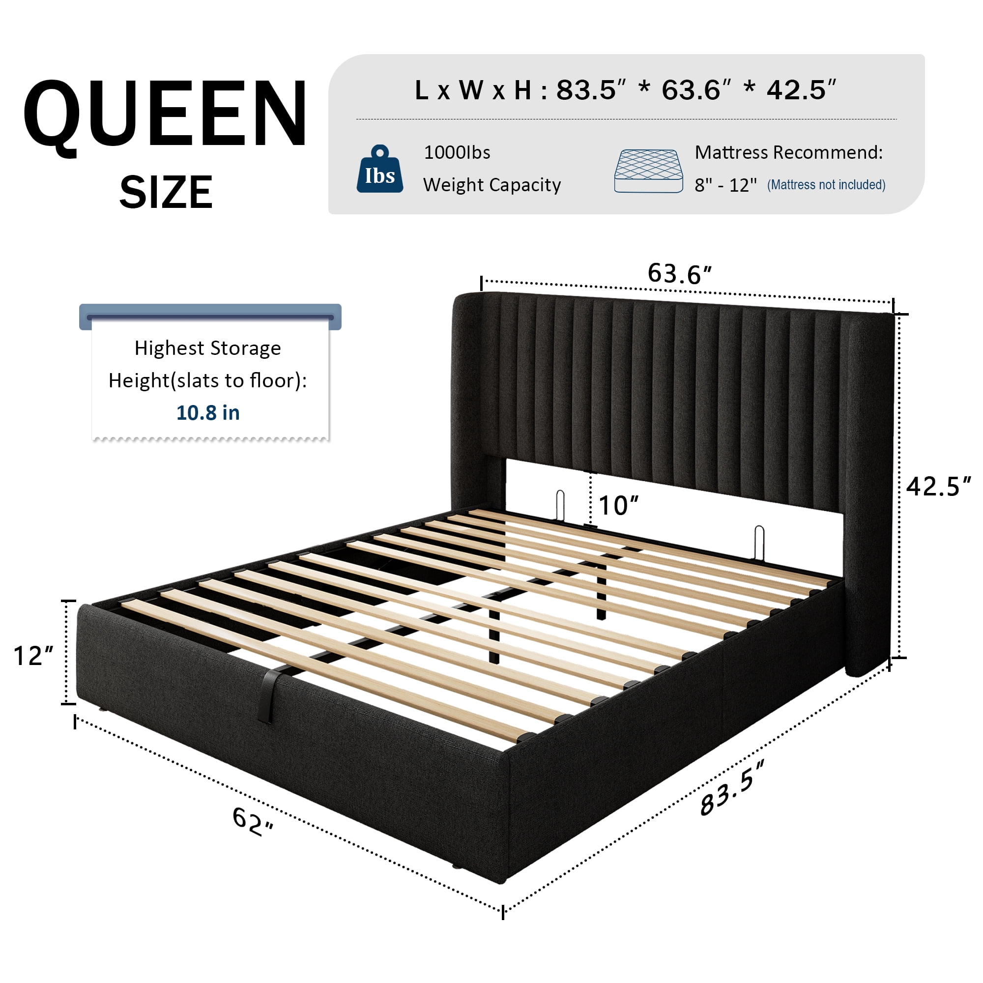 Einhomn Queen Size Lift Up Storage Bed With Wingback Headboard, Upholstered Platform Bed Frame with Hydraulic Storage, Linen Fabric, No Box Spring Needed,Dark Gray
