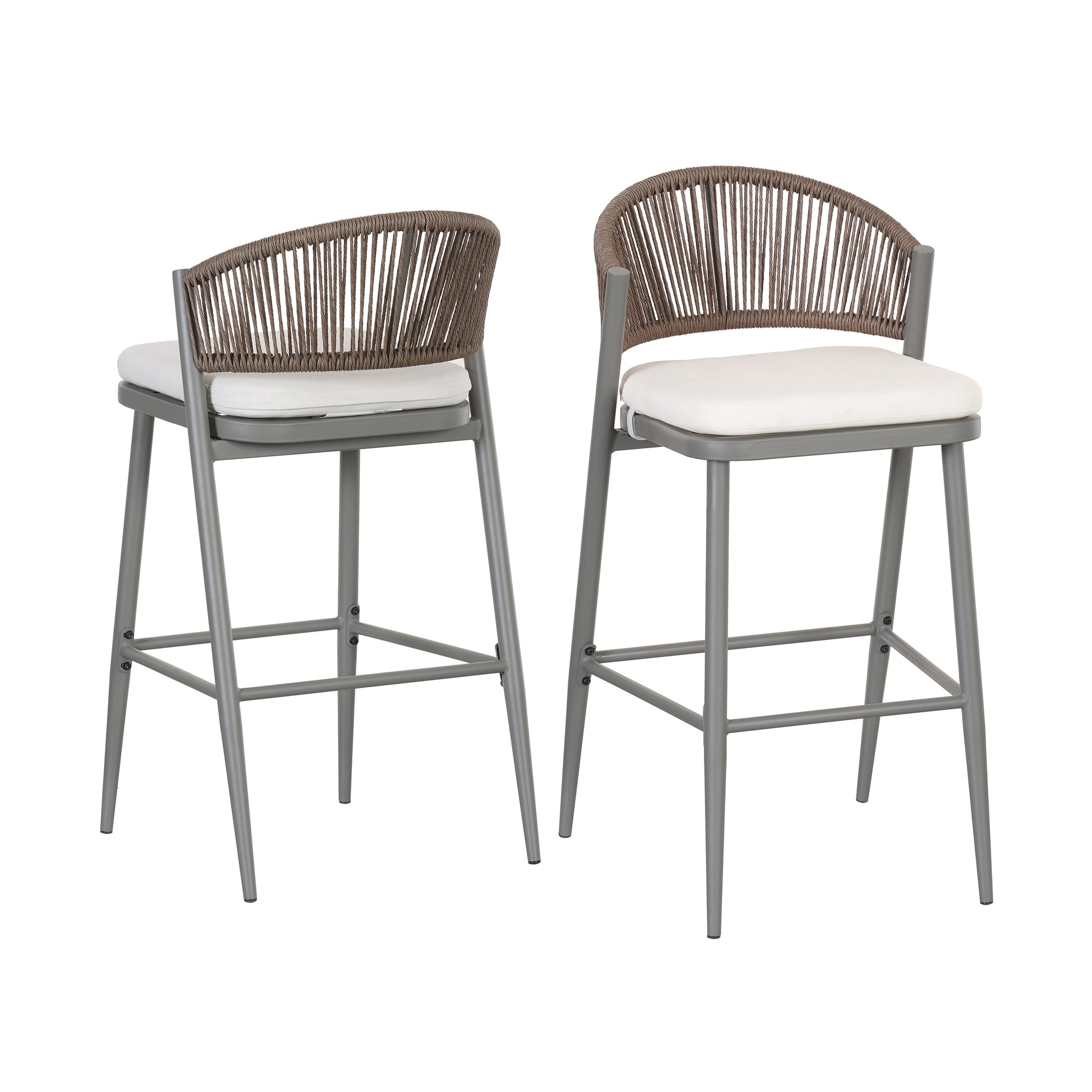 Amara Modern Outdoor Patio Barstools, Iron Frame, Scallop-Shaped Backrest, Matte Grey, Set of 2