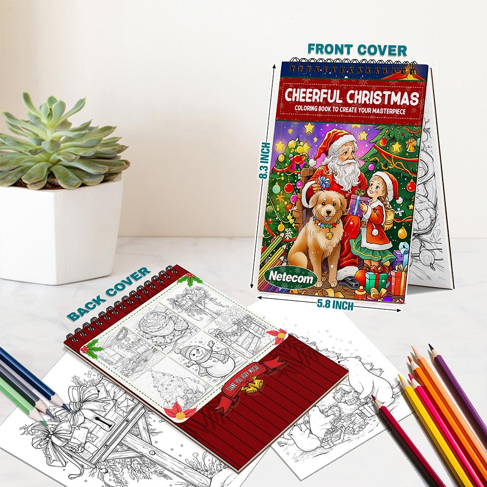Netecom Cheerful Christmas Coloring Book Spiral Bound for Adults, A5 Wooden Cover, 30 Cute and Cozy Coloring Pages for Holiday Scenes, Stress Relief and Relaxation