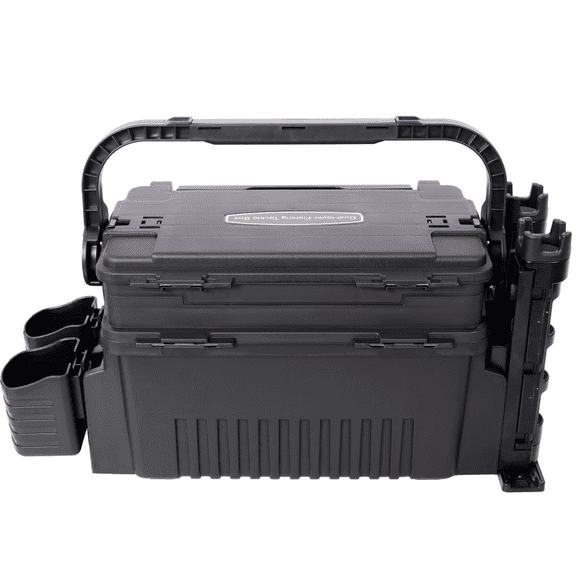 Fishing Tackle Box Dual Layer Large Organizer with Rod Cup Holders Black
