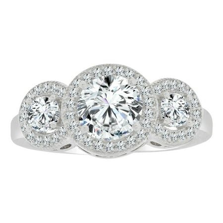 Sterling Silver Solid Fancy Ring - Sterling Silver White Rhodium, Fancy 3 Stone Anniversary Ring Round Created CZ Crystals 1.5ct