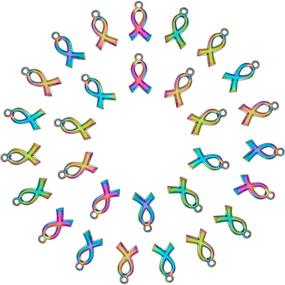 Ribbon Pendants 40pcs 0.8x 0.4 Inch Breast Cancer Awareness Ribbon Charm Enamel Ribbon Pendants Colorful Hope Ribbon Pendant Beads for Earring Bracelet Necklace Jewelry DIY Crafts MakingRainbow Color