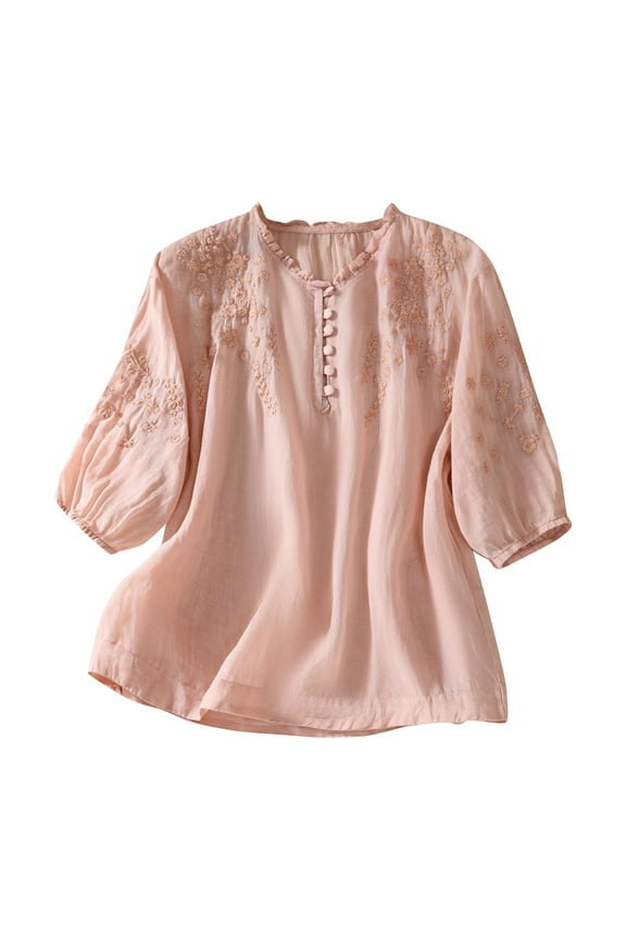 Vintage 3/4 Sleeve Linen Tunic Tops for Women Floral Embroidered Tops Peasant Blouse Boho Shirts Bohemian Casual Tee