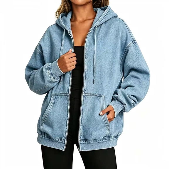 qafoshin Denim Jacket for Women Zipper Hooded Drawstring Denim Coat Oversized Long Sleeve Fall Trendy Outfits