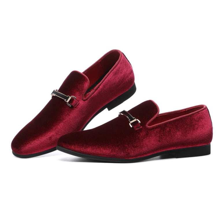 Cenprmon Men\'s Wine Red Velvet Loafer Diamond Pattern Metal Buckle Wedding Shoes Cenprmon Men main image 2