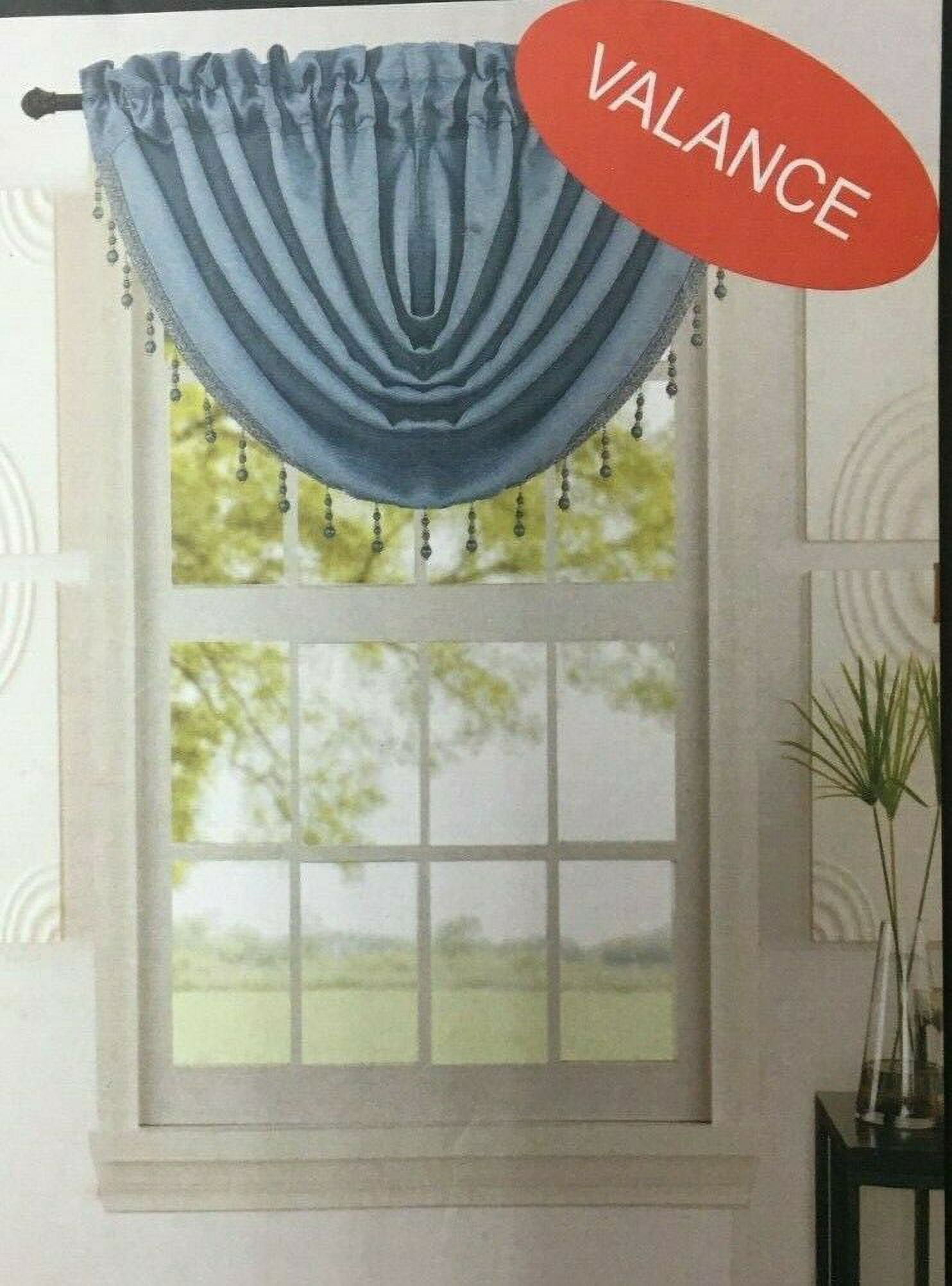 Leah 5 Piece Woven Textured Curtain Set with Beaded Austrian Valances (Blue)