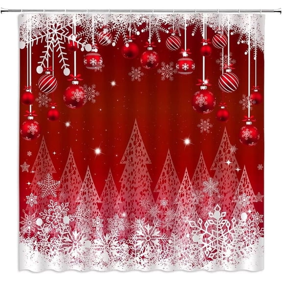 Christmas Ball Shower Curtain Red Xmas Tree Snowflake Winter Holiday Snow Festival Fantasy Rustic Nature Extra Long Bathroom Home Curtain with Hooks,70" Wx84 H