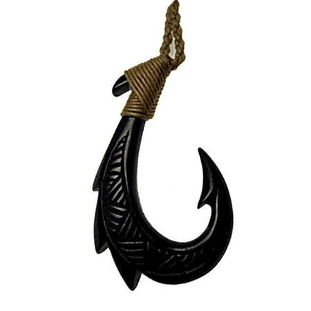 Fish Hook Bone - HAWAIIAN 3 FIN FISH HOOK CARVED BLACK BUFFALO BONE PENDANT W / BLACK ADJUSTED CORD