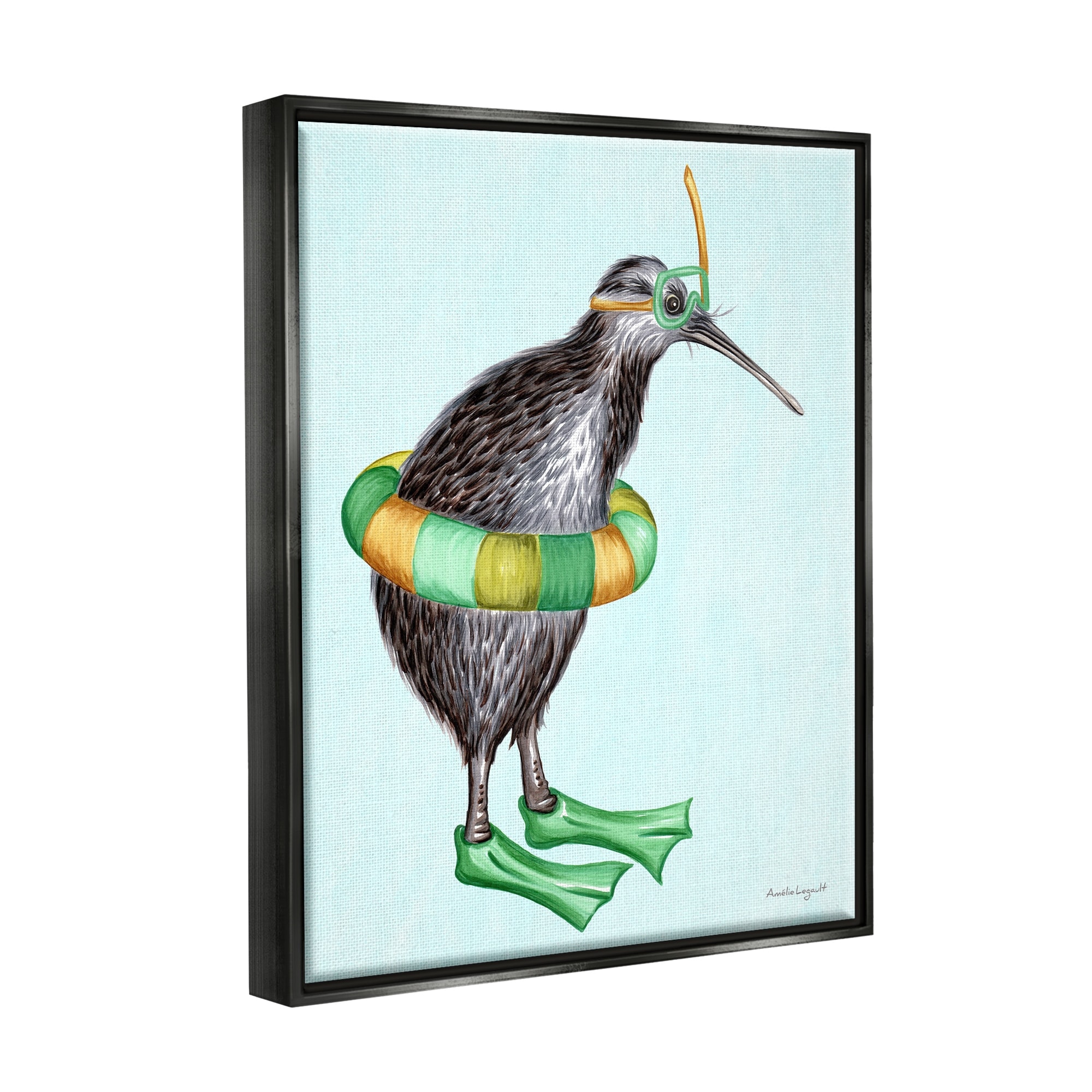 Stupell Industries Kiwi Bird Swimming Tube Flippers Summertime Illustration Graphic Art Jet Black Floating Framed Canvas Print Wall Art, Design by Amelie Legault