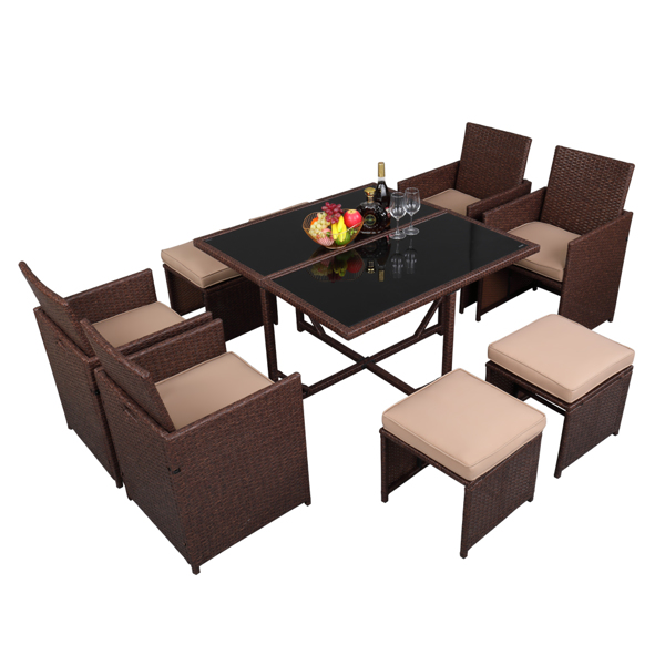 Brown wood grain rattan 9 piece dining table chair khaki 5cm sofa cushion glass 2 pieces (the product is shipped in three packages) - image 3 of 7