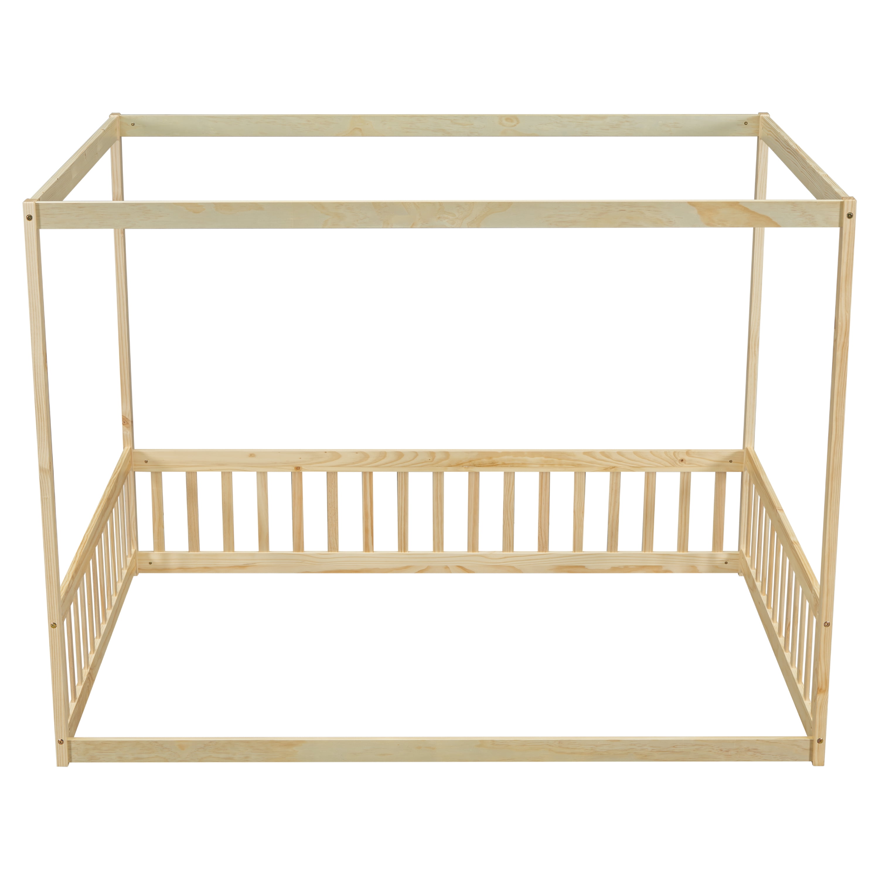 Miniyam Full Size Canopy FloorBed with Guardrails for Kids and Teens, Natural