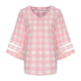 thumbnail image 7 of Summer Saving Wycnly Womens Blouses and Tops Dressy Mesh Patchwork Flared Sleeve Loose Fit Chiffon Pullover Shirts 2024 Summer V-Neck 3/4 Sleeve Plaid Print Casual Blouses Pink l, 7 of 7