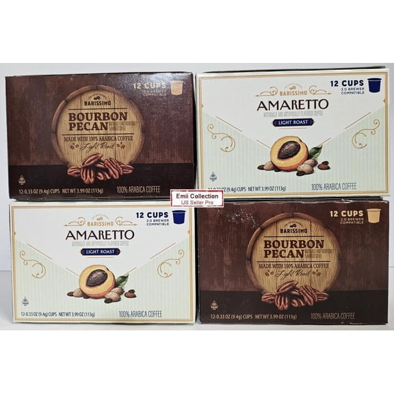 Barissimo Coffee Light Roast Amaretto and Bourbon Pecan 12 Cups 3.99oz 113g (4 Boxes)
