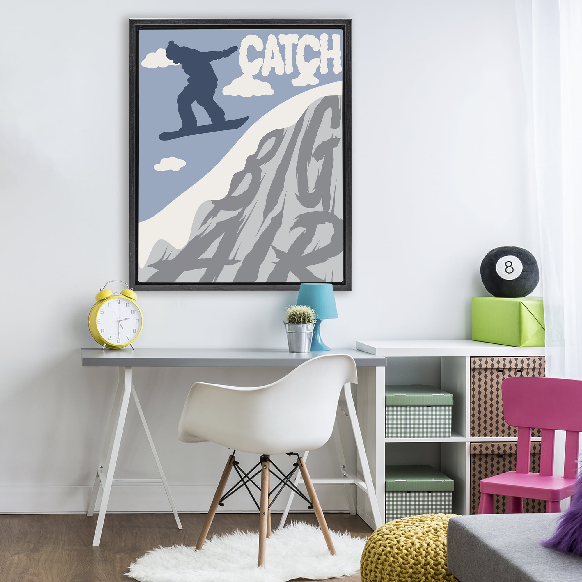 Catch Big Air Snowboard Black Framed Floater Canvas Wall Art, design by Marcus Prime