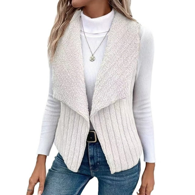 Gilet Sans Manches Simple et Décontracté pour Femmes Automne et Hiver en Peluche, Cardigan Blanc