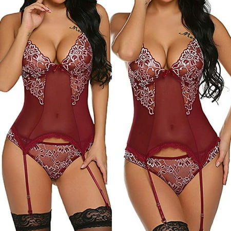 

Tangnade Plus Size Lingerie For Women Fashion Women Embroidery Lace Bodysuit Lingerie With Garter Jumpsuit Underwear