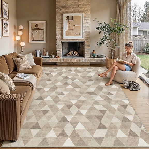 BERTHMEER 6'x9' Modern Area Rugs for Living Room Brown Rugs for Bedroom Checkered Pattern Kitchen Non Slip Washable Contemporary Geometric Carpets Office Farmhouse Dorm Dining Room Rugs