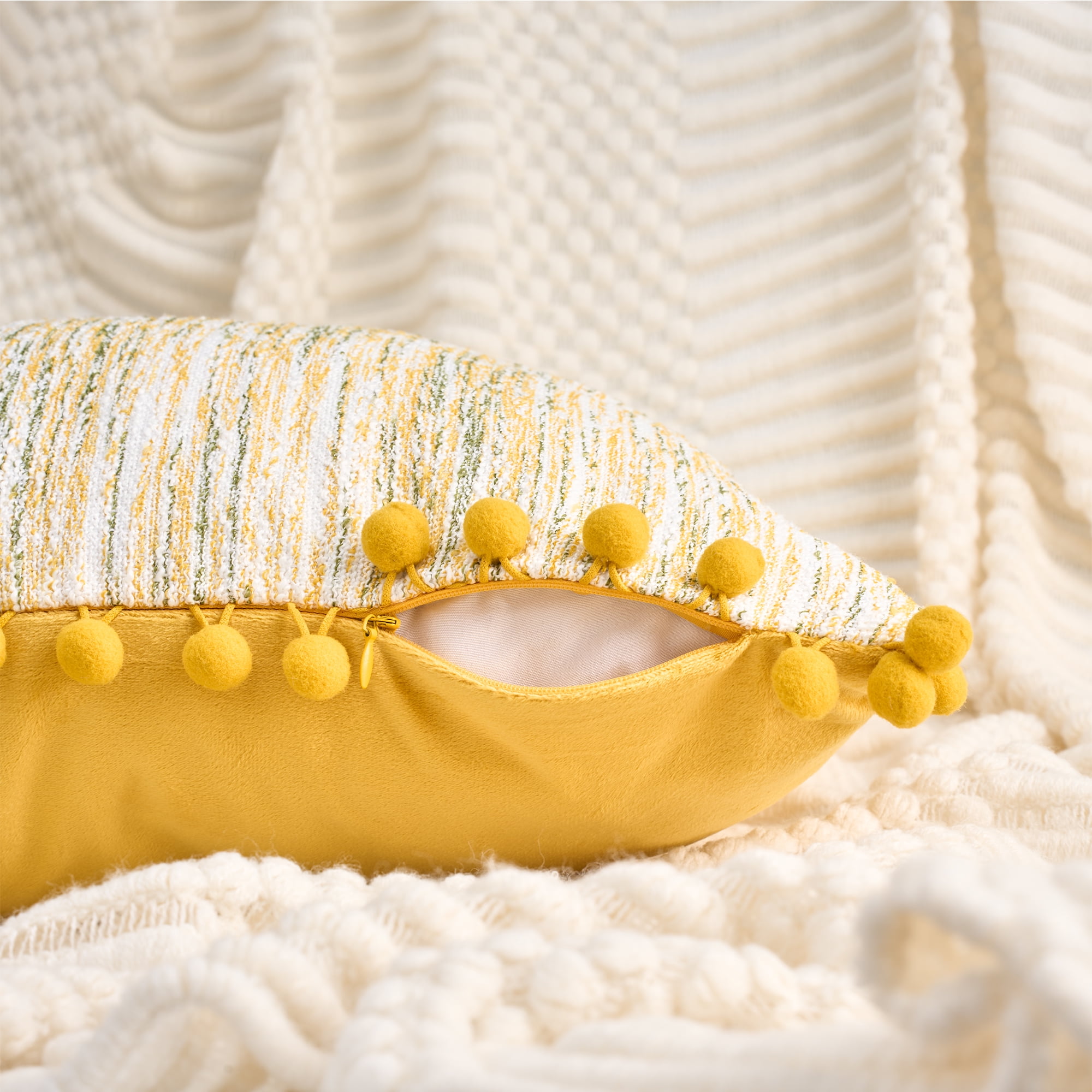 Unique Bargains Pack of 2 Chenille Throw Pillow Covers with Pom-poms 20" x 12" Yellow
