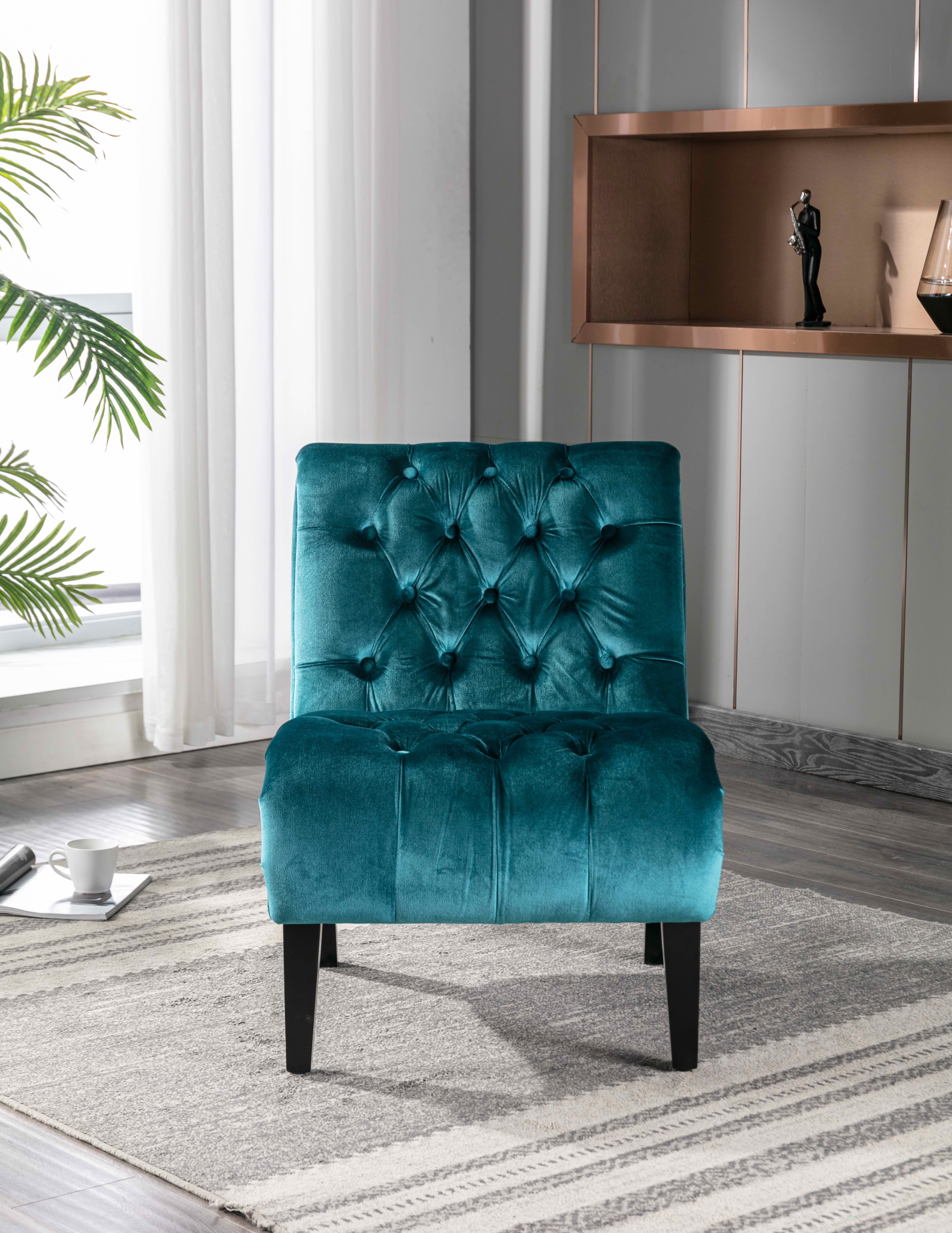 MAYEERTY 22.83-Inch Velvet Button Tufted Armless Accent Chair, Upholstered Leisure Side Chair with Wooden Legs for Bedroom Living Room Office