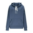 thumbnail image 3 of Htigea Womens Lace Up Hoodies Thin Fleece V-Neck Hooded Sweatshirts Casual Loose Fit Pullover Tunic Tops with Pocket Navy L, 3 of 6