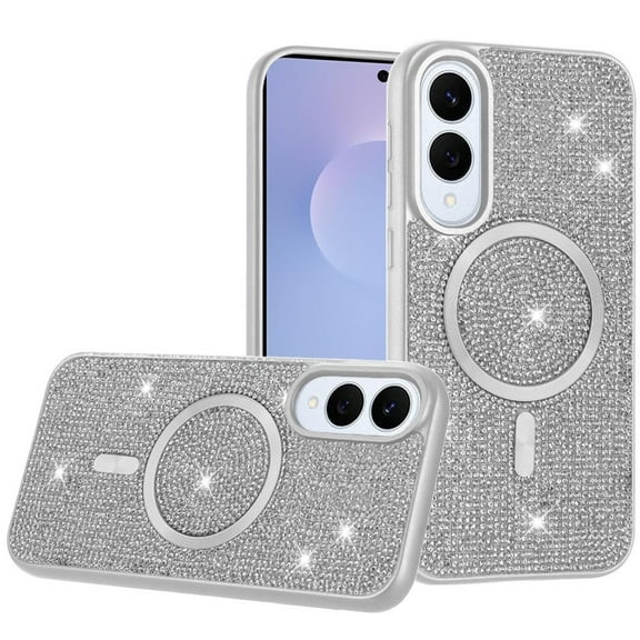 XPM for Samsung Galaxy S25 EDGE Sparkly Diamond Bling Case Rhinestone Skin Hybrid with Magnetic Circle, MagSafe Compatible Phone Case Cover (White)