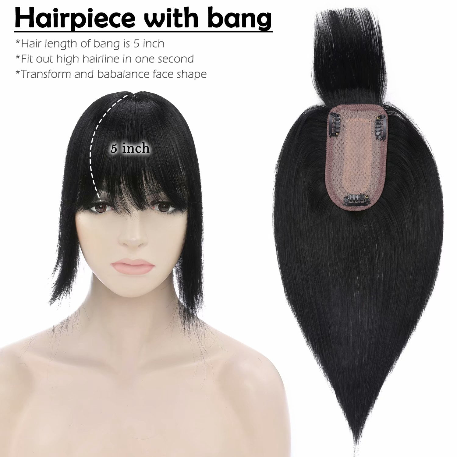 Benehair 100% Real Remy Human Hair Extensions Clip In Hairpiece Topper Toupee with Bang Fringe Women Hair Loss Silk Base Black