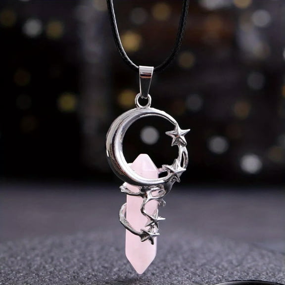 QQTDFG Rose Quartz Gems Moon Star Crystal Necklace Magic Reiki Healing Amulet-default