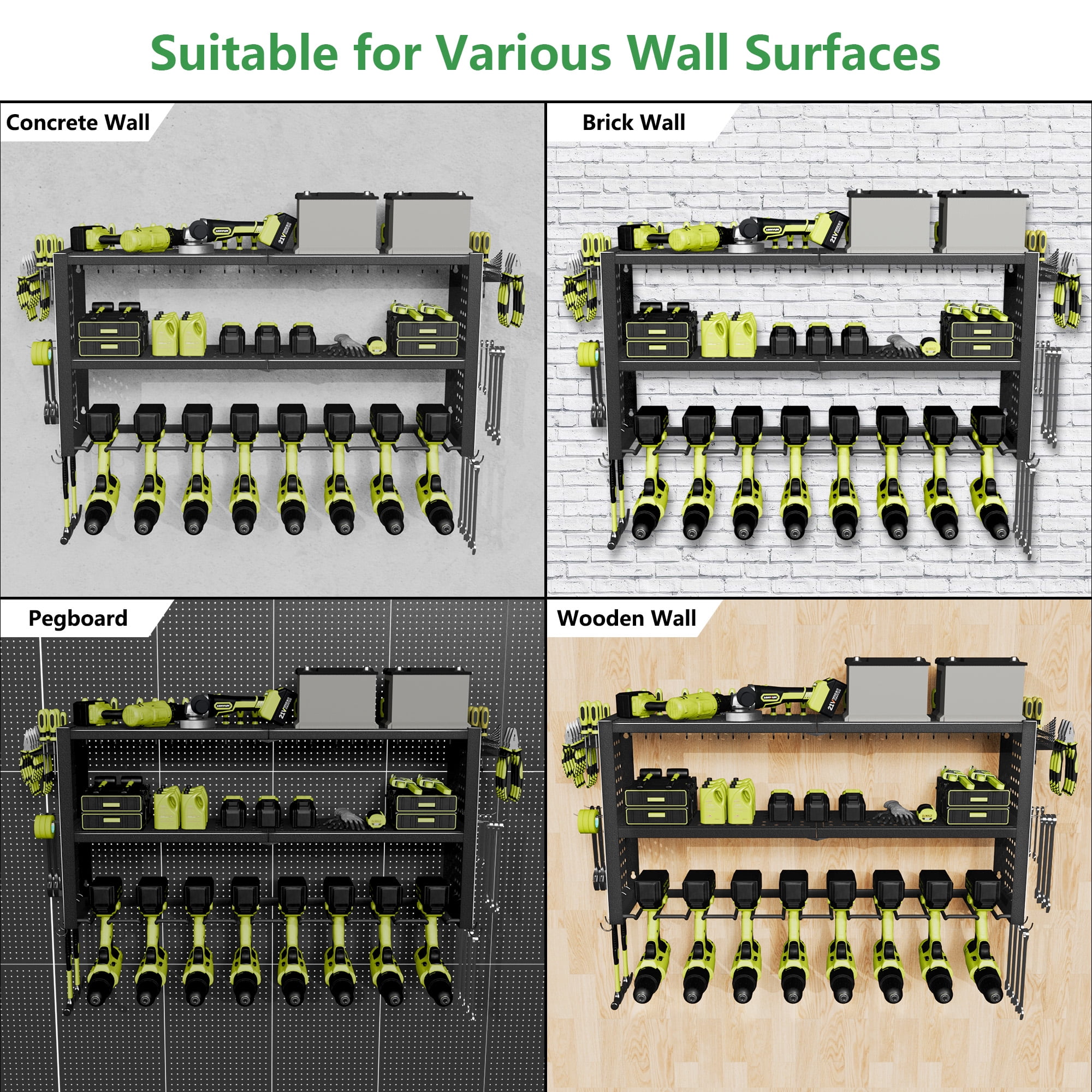 Jhsomdr Power Tool Organizer 8 Drill Holder Wall Mount, 3 Layer Garage Tool Organizer Tool Storage Shelf with Pegboard/Hooks, Utility Racks with Screwdriver/Plier/Hammer Holder
