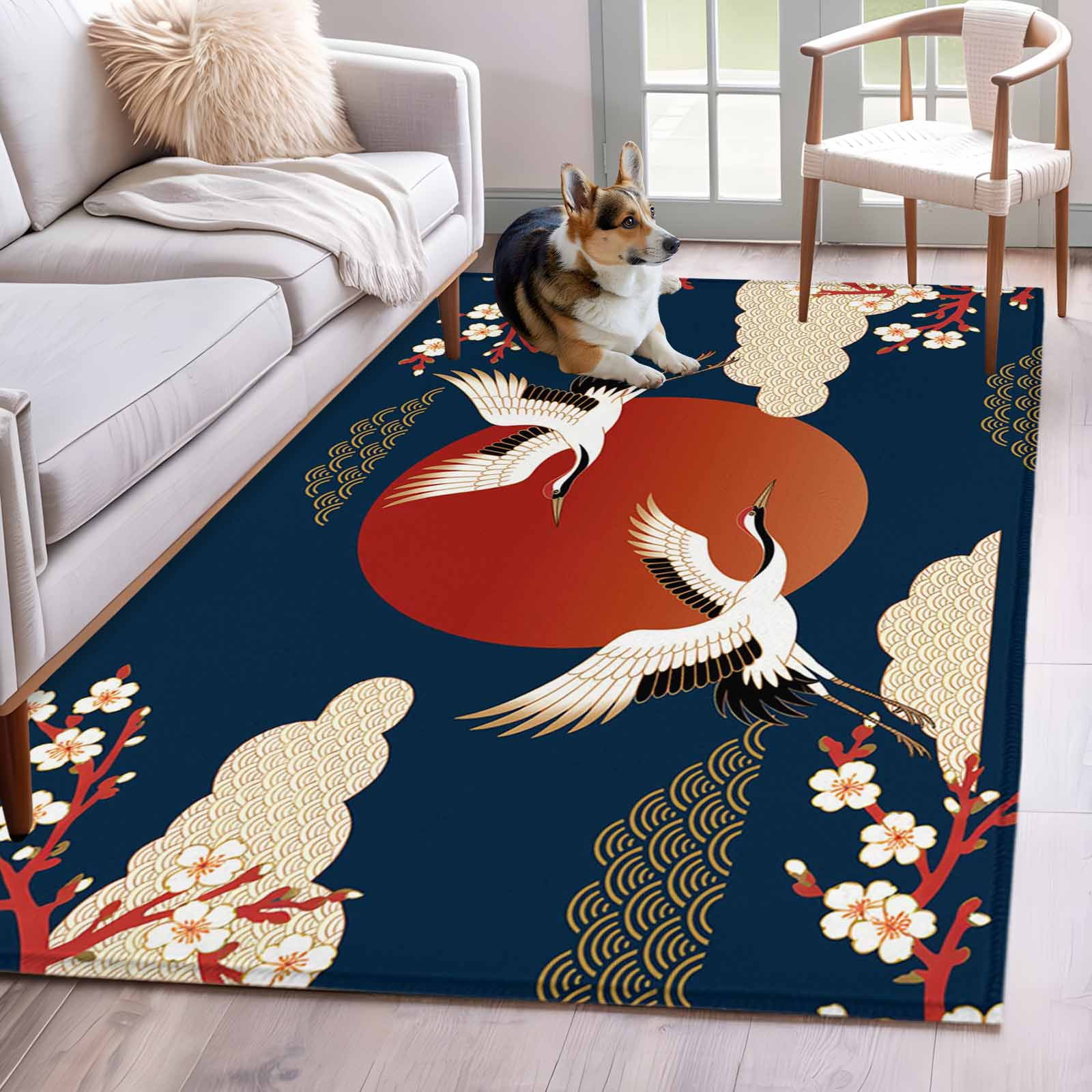 Japanese Style Area Rugs Collection 4'x6', Modern Cranes Cherry Flower Wave Navy Blue Non Slip Indoor Rectangle Throw Runner Rug Floor Mat Carpet for Living Room Dining Table Bedroom Nursery