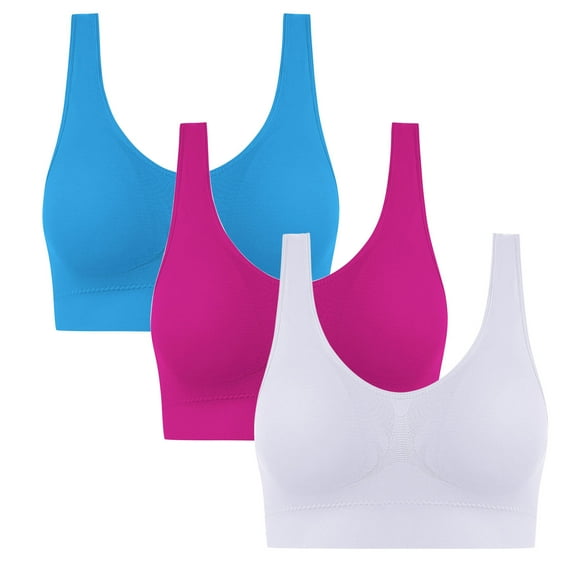 Alkepwun 3 Pack Sports Bra for Women Comfortable Breathable Wirefree Seamless Bra with Removable Pad, Girls Soft Yoga Tshirt Sleep Bra