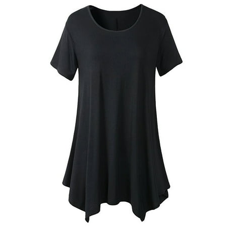 

Womens Summer Pleated Ruffle Hem Shirts Elegant Short Sleeve Crewneck Tops Plus Size Casual Solid Swing Babydoll Blouses