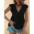 thumbnail image 3 of Women'S Lace Trimmed V Neck Ruffled Sleeve Flared Eyelet Tank Blouse Top Black L, 3 of 5