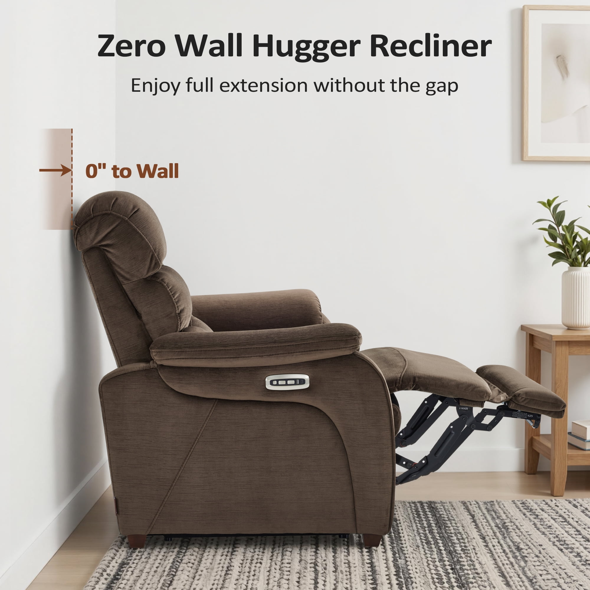 MCombo Zero Wall Hugger Power Recliner Loveseat for Living Room, RVs, Small Spaces, Fabric, Coffee