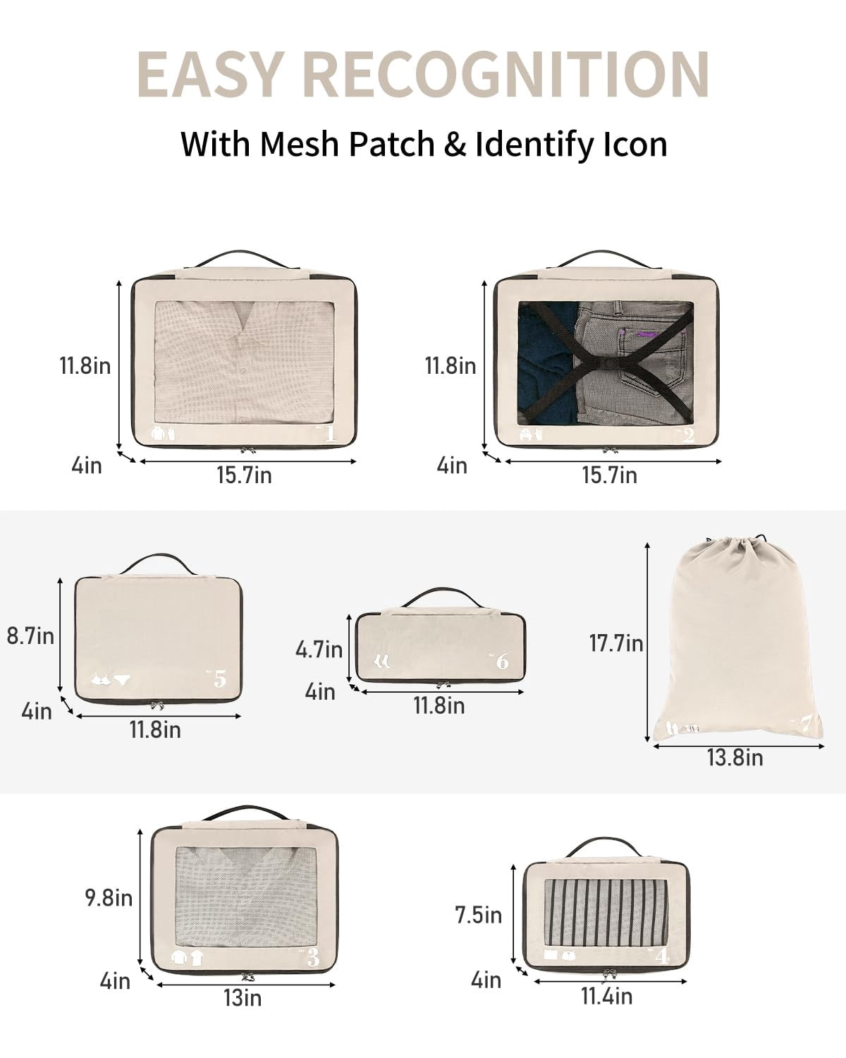 7 Pcs Packing Cubes for Travel Organizer Tear-Resistant with Number Icon Handle Storage Bags for Carry on Bag for Clothes Shoes, Beige