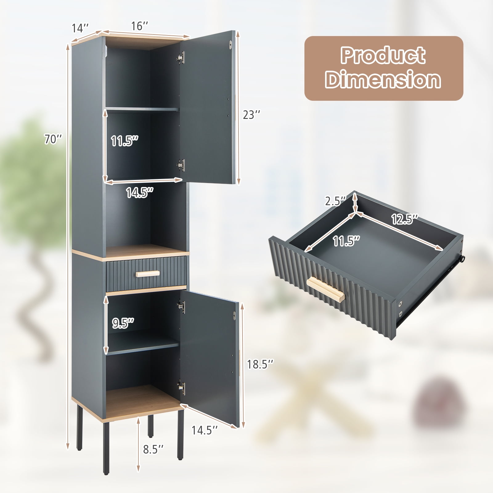 Topbuy Tall Slim Bathroom Cabinet Freestanding Storage Cabinet w/ Cabinet with Doors Open Compartment & Drawer